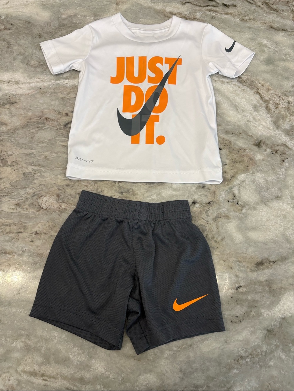 2T Nike Kids Just Do It Tee & Shorts Set - White & Charcoal with Orange Accents